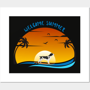 Welcome Summer with Britanny Spaniel Dog on Surf and Summer Landscape with Palm, Sunset Sky and Sea Posters and Art